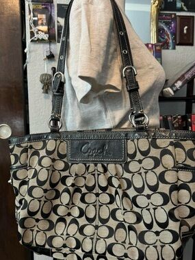 Coach Khaki and Black Signature Canvas Tote